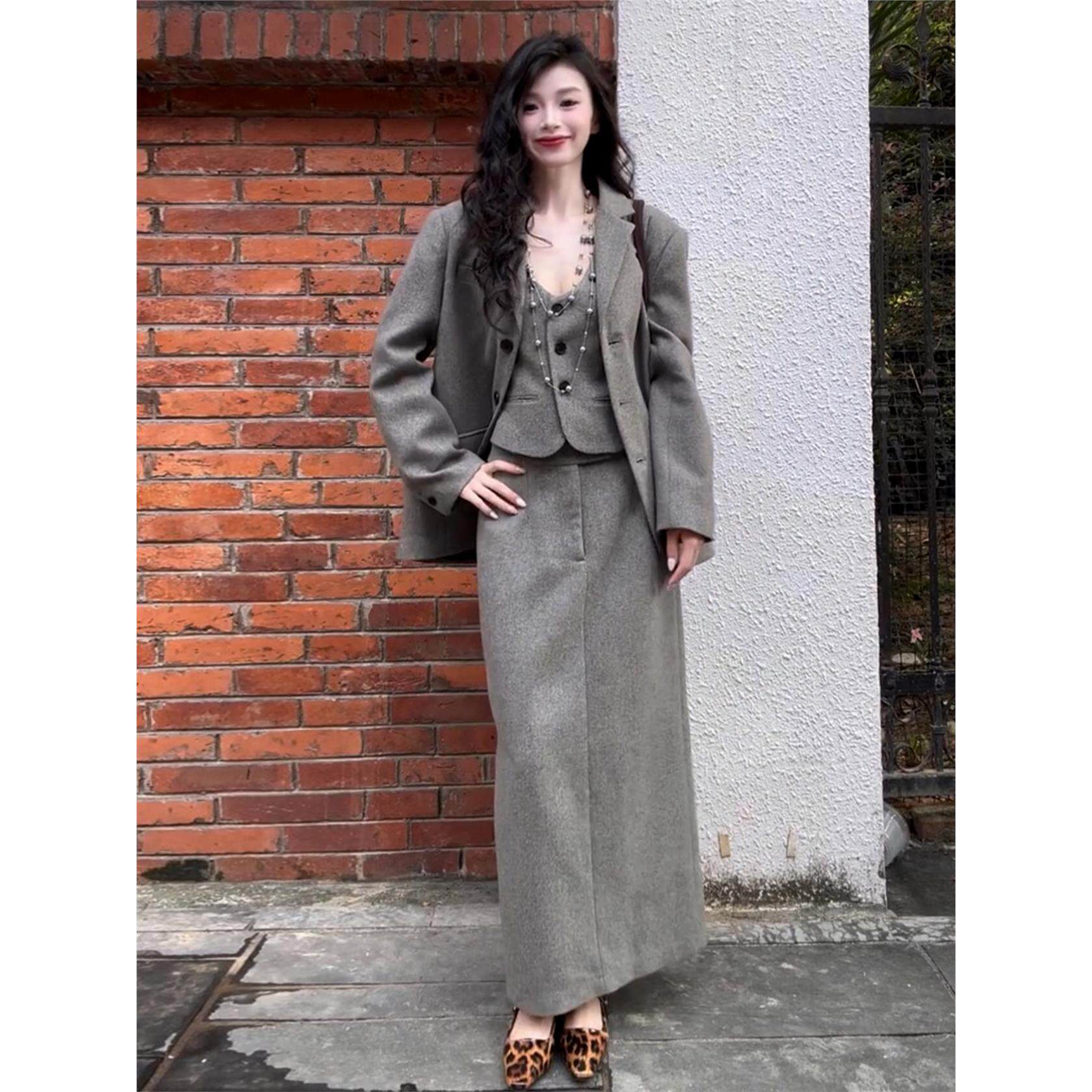 韩系高级感灰色西装套装裙子女秋季2025新款巨好看气质一整套穿搭