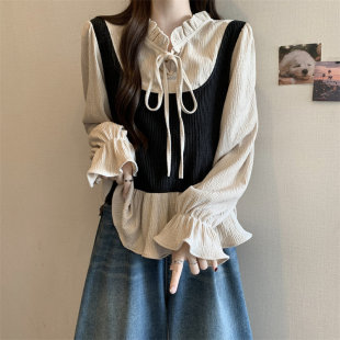 胖mm时尚 女早春大尺码 洋派假两件chic上 衬衫 设计感系带蝴蝶结长袖