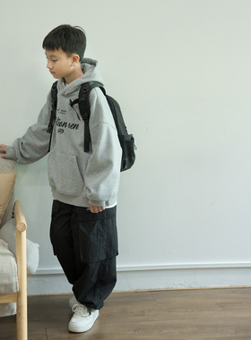 男孩灰色卫衣2025冬季新款中大童宽松加绒连帽衫青少年一体绒上衣