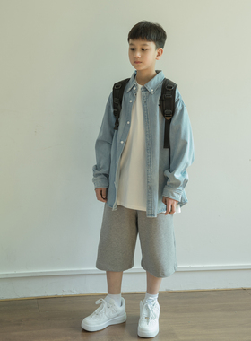 青少年复古牛仔衬衫男童长袖翻领宽松蓝色外套中大童2026春季新款