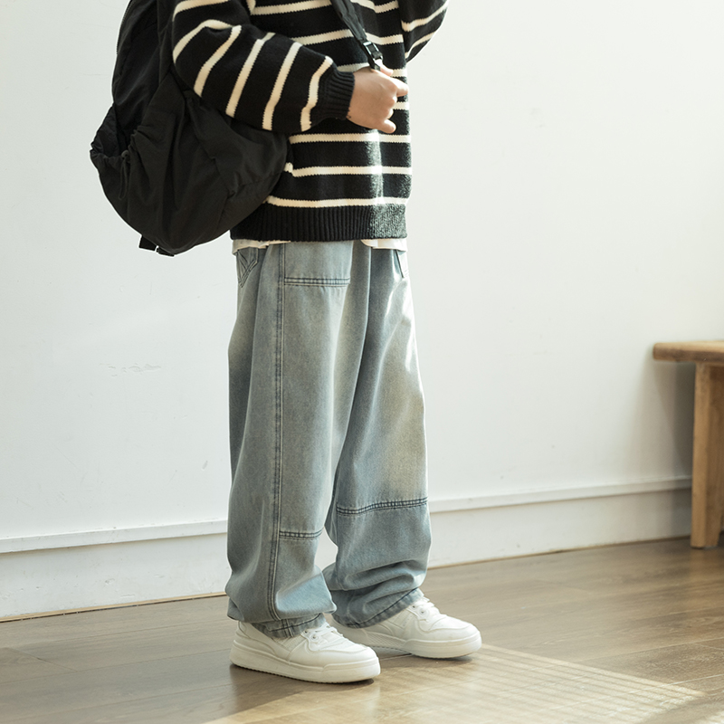 儿童柔软牛仔裤水洗做旧直筒裤大童蓝色宽松长裤2024秋冬新款亲子