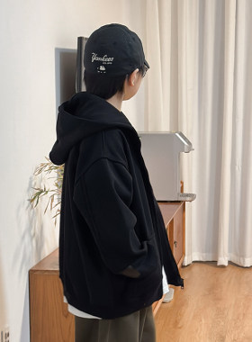 男童外套秋冬款2024新款黑色加绒连帽衫大童加厚保暖卫衣开衫冬季