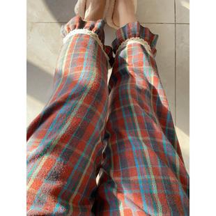 女士蕾丝边2尺5内 女胖MM宽松休闲家居遛弯裤 秋冬新款 格子睡裤