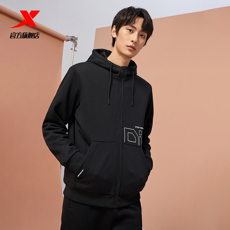 男连帽外套特步加绒保暖运动外套