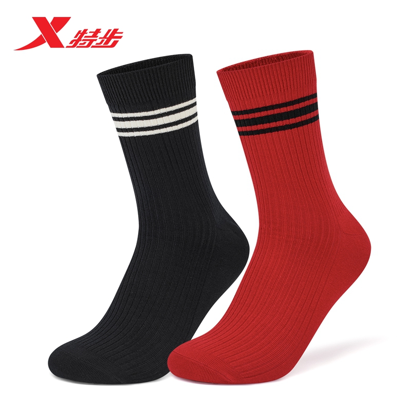 【2双装】特步运动长袜男2025年新年款春季红色休闲透气长筒男袜