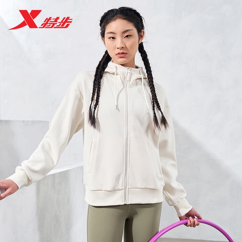 特步运动外套女士2025秋季新款训练针织健身连帽上衣976128940066