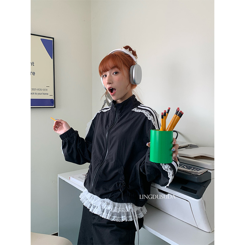 零度苏打 韩系蕾丝边条纹卫衣外套女2024秋季新款休闲运动冲锋衣