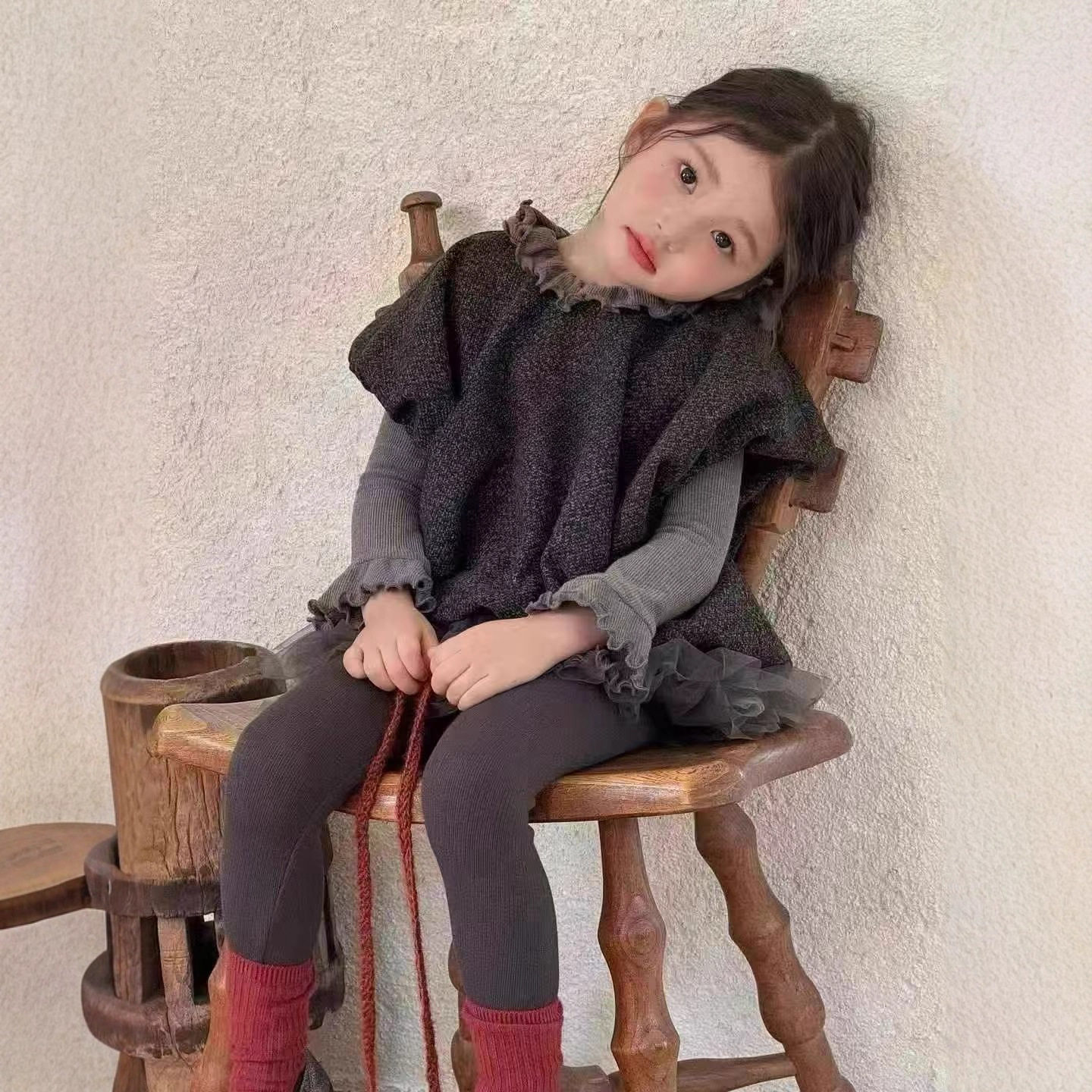 儿童装女童套装泡泡袖呢料背心加打底衫加裙裤三件套25春秋装新款