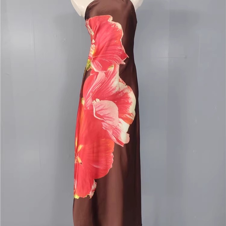 外贸单跨境时尚精美印花挂脖露背气质御姐名媛光滑缎面连衣裙礼服
