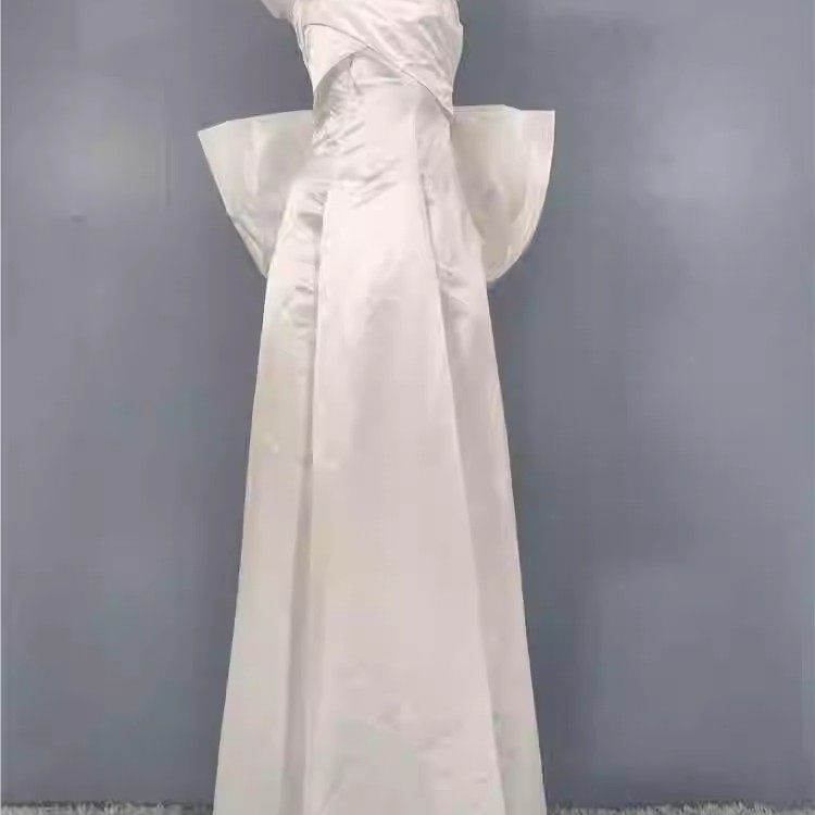 欧美范复古风白色缎面大蝴蝶结修身显瘦宴会派对礼服长裙女轻婚纱