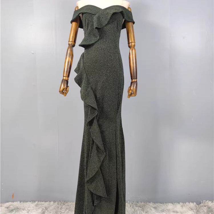 欧美范性感露肩一字领墨绿色亮丝荷叶边长裙聚会派对礼服连衣裙女