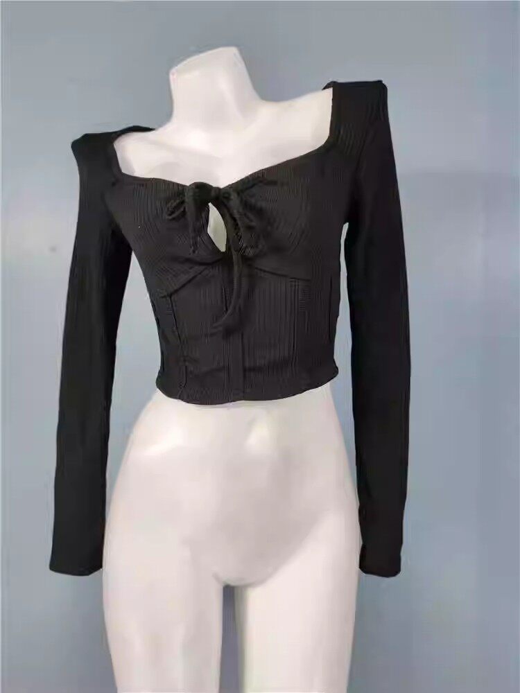 外贸单百搭时尚通勤黑色暗纹针织长袖上衣绑带短款个性露脐针织衫