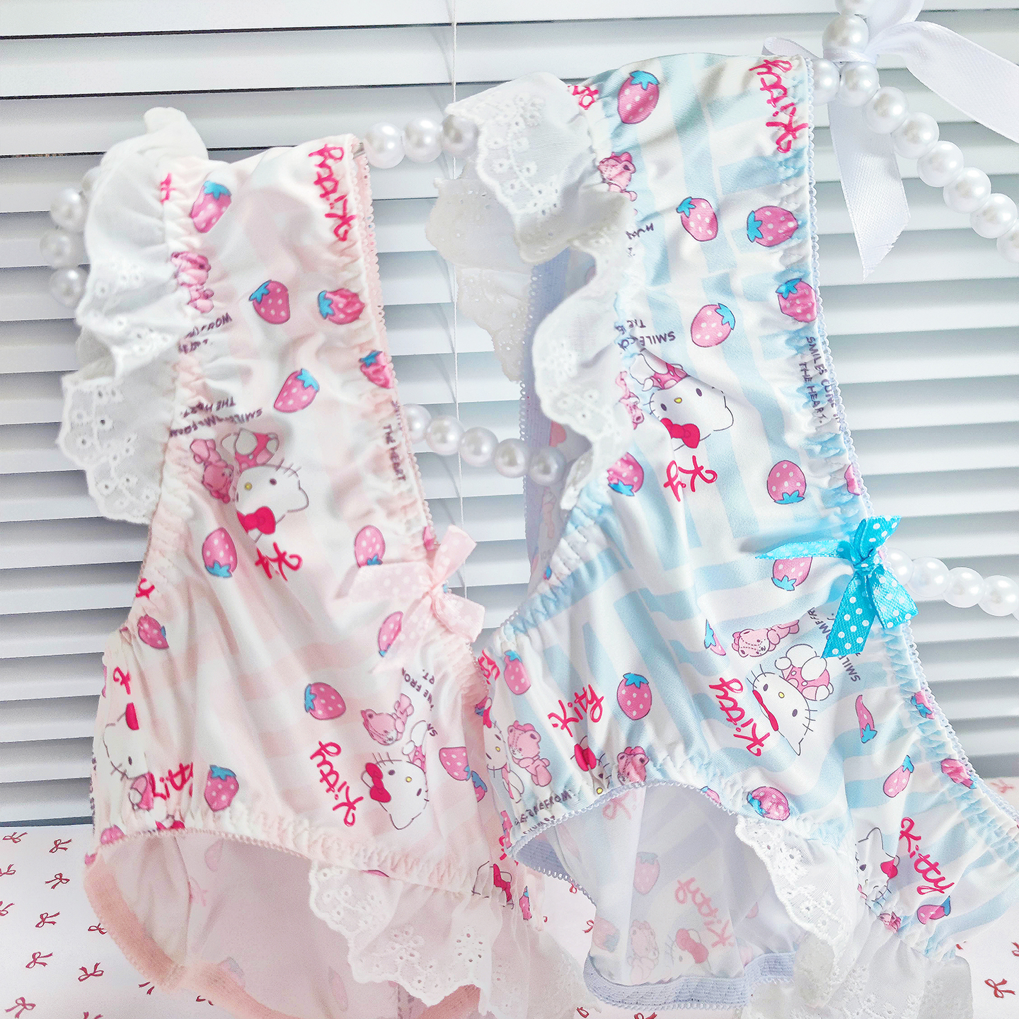 日系kt草莓牛奶丝少女蝴蝶结内裤可爱舒适包臀花边三角裤