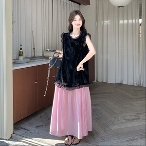 法式高级感气质撞色花边假两件连衣裙女2026夏季新款温柔风A字裙
