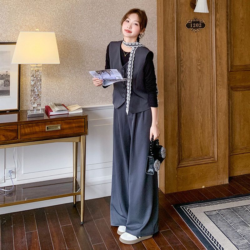 韩系阔腿裤年灰色高级感西装三件套女新款马甲打底衫2025套装秋季