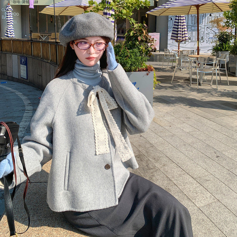 现货秋装新款斗篷蕾丝蝴蝶带双面羊毛呢外套p205-k328