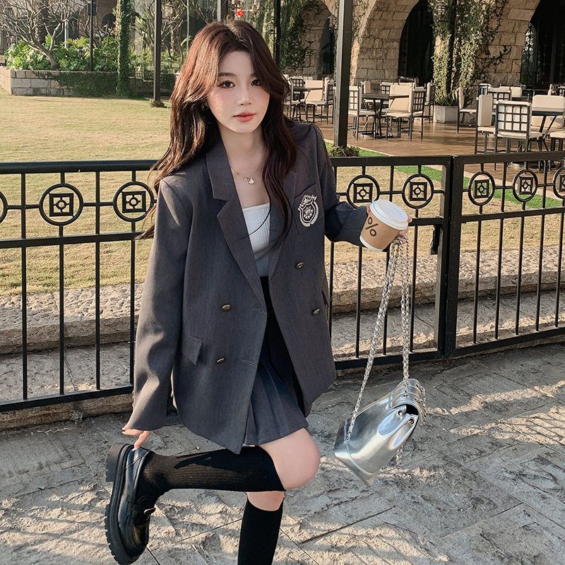 两件套高级感西装新款灰色宽松学院风百褶裙休闲套装女2025秋西服