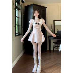 热恋千金风短裙夏季收腰显瘦设计感纯欲甜美蝴蝶结气质连衣裙女