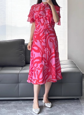 玛现货速发商场同款2025初红粉花卉图印花翻领连衣裙A1FCW62580