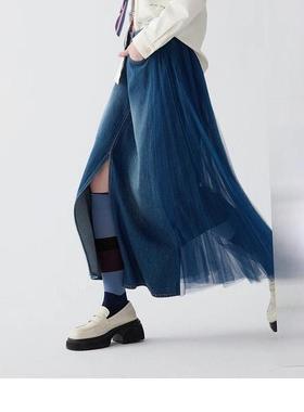 现货速发谜家商场同款牛仔拼接2025春复古文艺宽松长裙251MB0035