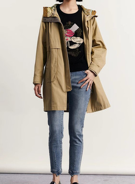 谜家现货速发中长款风衣女2023秋新款气质撞色连帽宽松233ME0972