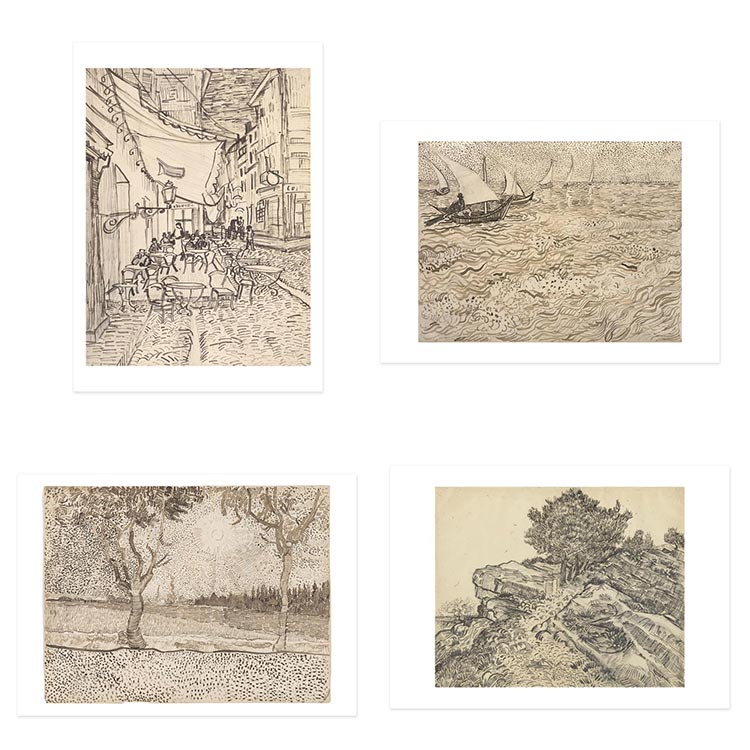 liveart梵高素描手稿3款星空咖啡馆树林海现代美式复古装饰画海报