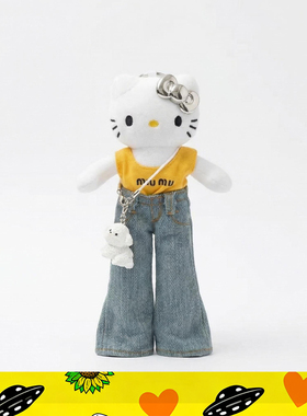 日本正版三丽鸥helloKitty黄色牛仔阔长腿裤呆萌公仔玩偶包挂件新