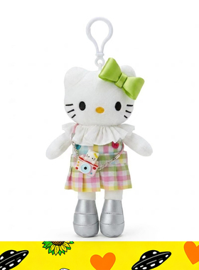 日本正版Kitty彩色格子裙背相机公仔长腿猫高颜值穿搭玩偶包挂件