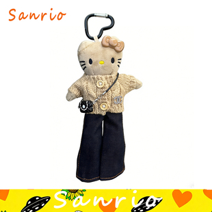 日本正版helloKitty卡其毛衣牛仔花包长腿裤黑皮公仔玩偶包挂件新