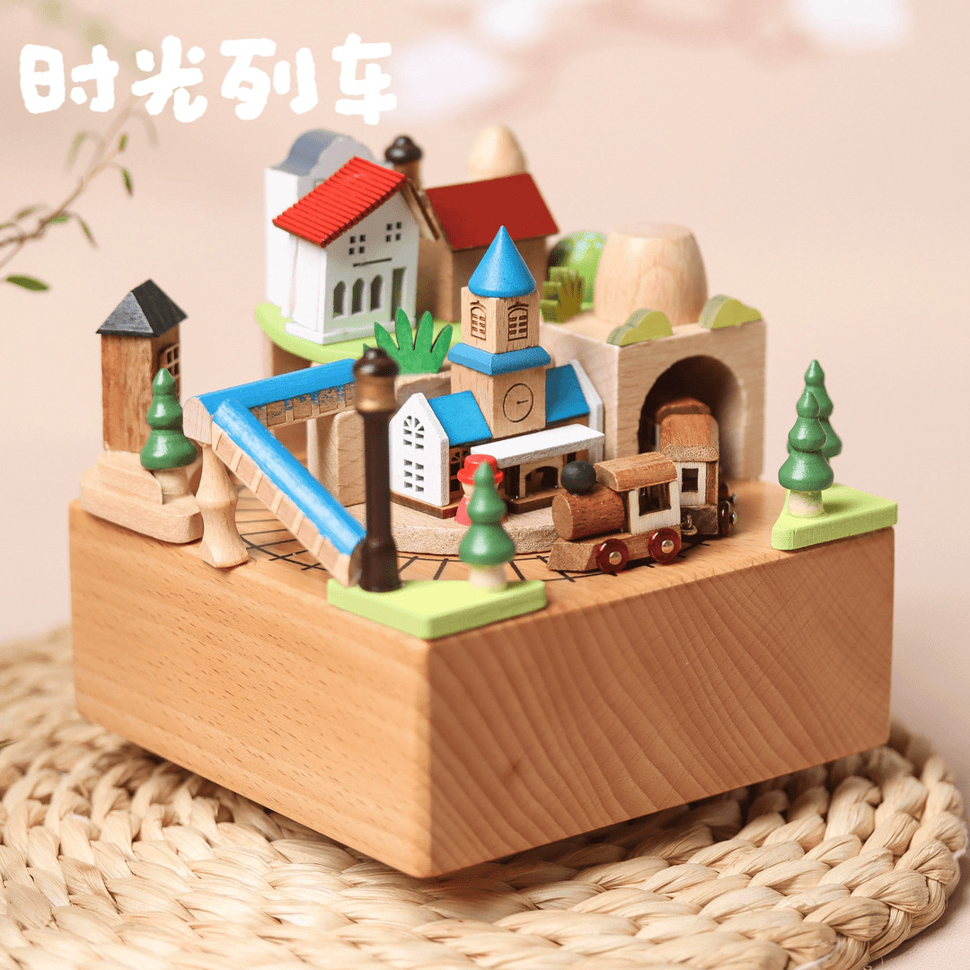 时光列车发条式八音盒木质工艺品创意圣诞节礼物圣诞快乐音乐盒