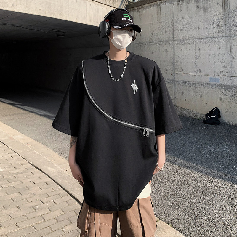 现货！25金属拉链冰丝T恤星星高街痞帅穿搭半袖大码短袖DX28-P58,男装T恤,电商B288
