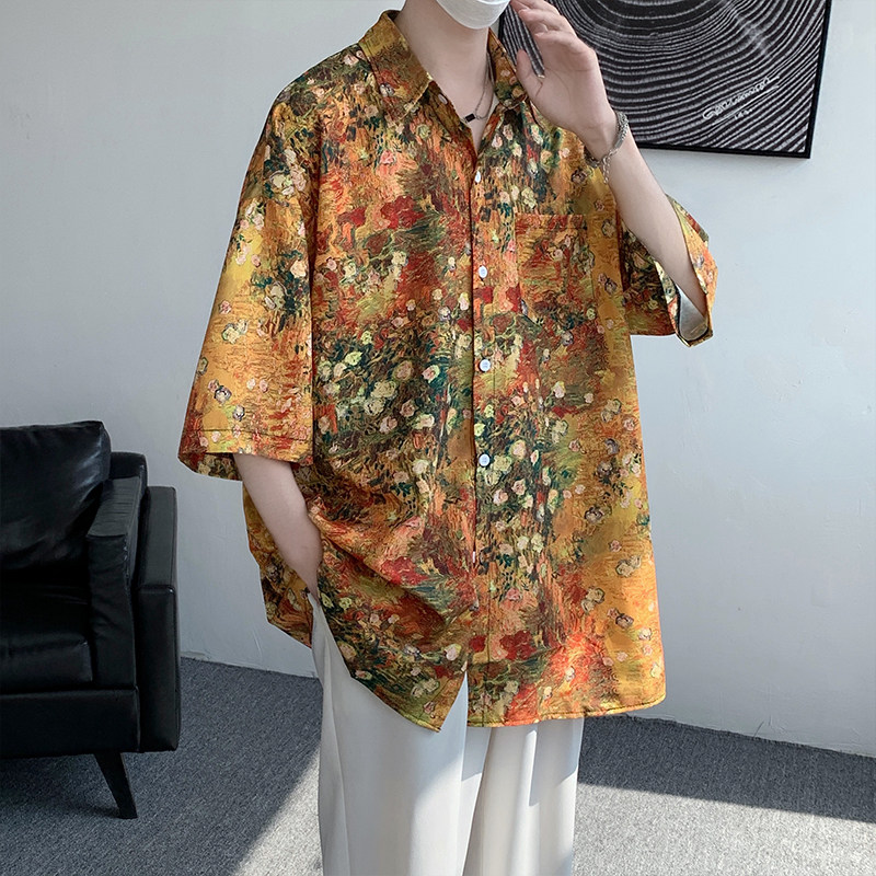 23夏冰丝莫奈油画沙滩度假衬衫短袖艺术气息大码T恤DX18-P45,男装T恤,电商B288