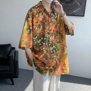 23夏冰丝莫奈油画沙滩度假衬衫短袖艺术气息大码T恤DX18-P45