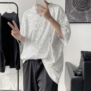 22夏款盐系短袖T恤港风男士宽松韩版黑色蹦迪烫金短袖tx05-p30图片