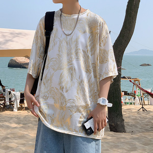 22夏款T恤港风男士冰丝短袖垂感丝滑烫金半袖上衣b288-tx06-p35图片