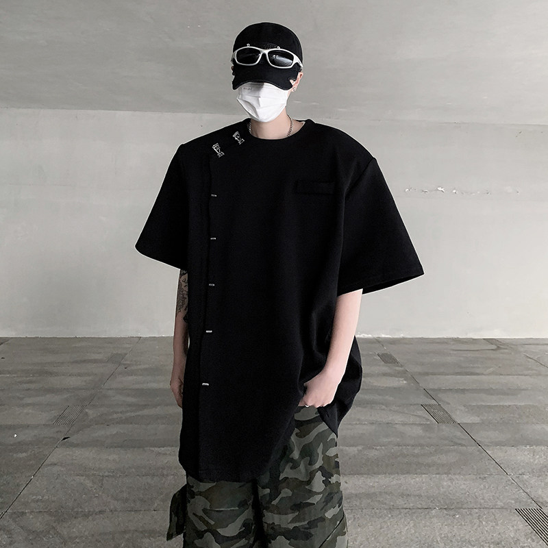 现货！25重磅金属铆钉垫肩T恤新中式小众暗黑圆领短袖男DX35-P68,男装T恤,电商B288