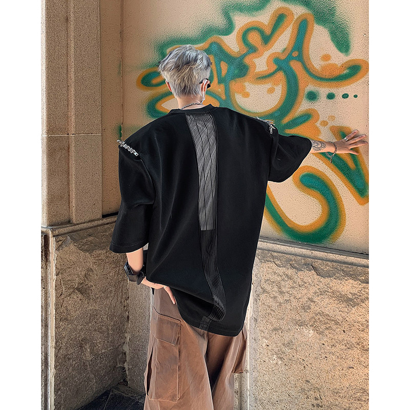 现货！25夏季金属拉链垫肩网纱拼接短袖T恤DX63-P75,男装T恤,电商B288