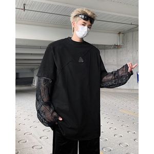 现货！25夏男士假两件垫肩金属扣暗黑网纱短袖T恤DX82-P68图片