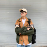 秋冬美式复古校园印花拼接短款毛呢大衣大码外套B288-MJ398-P145，男装毛呢大衣，电商B288