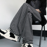 黑白条纹阔腿裤男高腰垂感夏季冰丝宽松休闲直筒裤子CK116-P48，男装休闲裤，电商B288