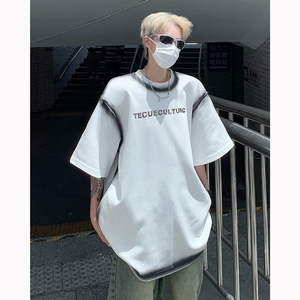 现货！25喷绘暗黑高街短袖小众设计感金属字母垫肩T恤男DX58-P58图片