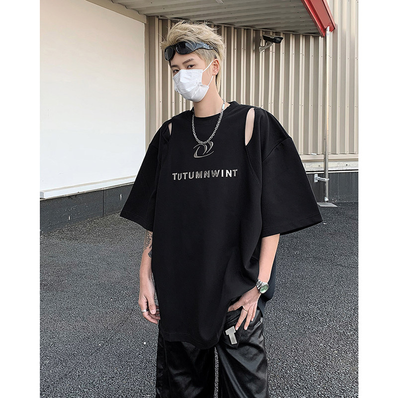 现货！25夏季男士设计感镂空飞机扣金属装饰短袖T恤DX91-P68,男装T恤,电商B288
