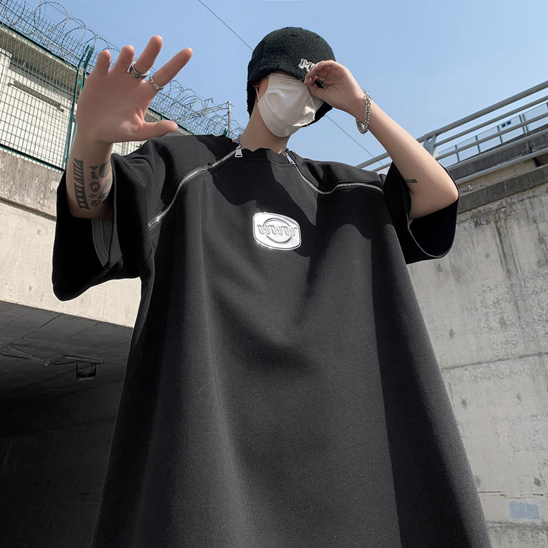 现货！金属拉链垫肩暗黑高街T恤圆领简约冰丝短袖上衣DX25-P58,男装T恤,电商B288