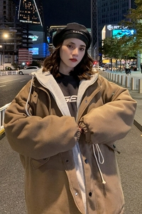 情侣加厚毛呢大衣假两件连帽卫衣棉服外套b288-mj520-p120图片