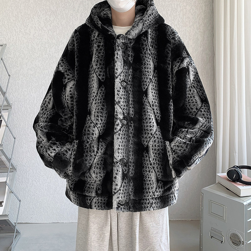 22新品扭花纹仿兔毛环保皮草皮毛一体加绒加厚棉服外套MJ674-165,男装棉衣,电商B288