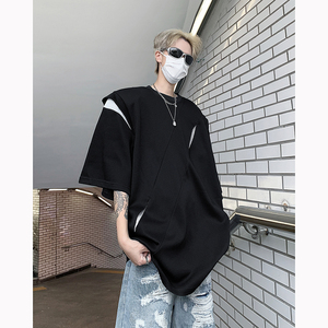现货！25新解构风暗黑拼接宽松圆领垫肩短袖男T恤b288-dx73-p68图片