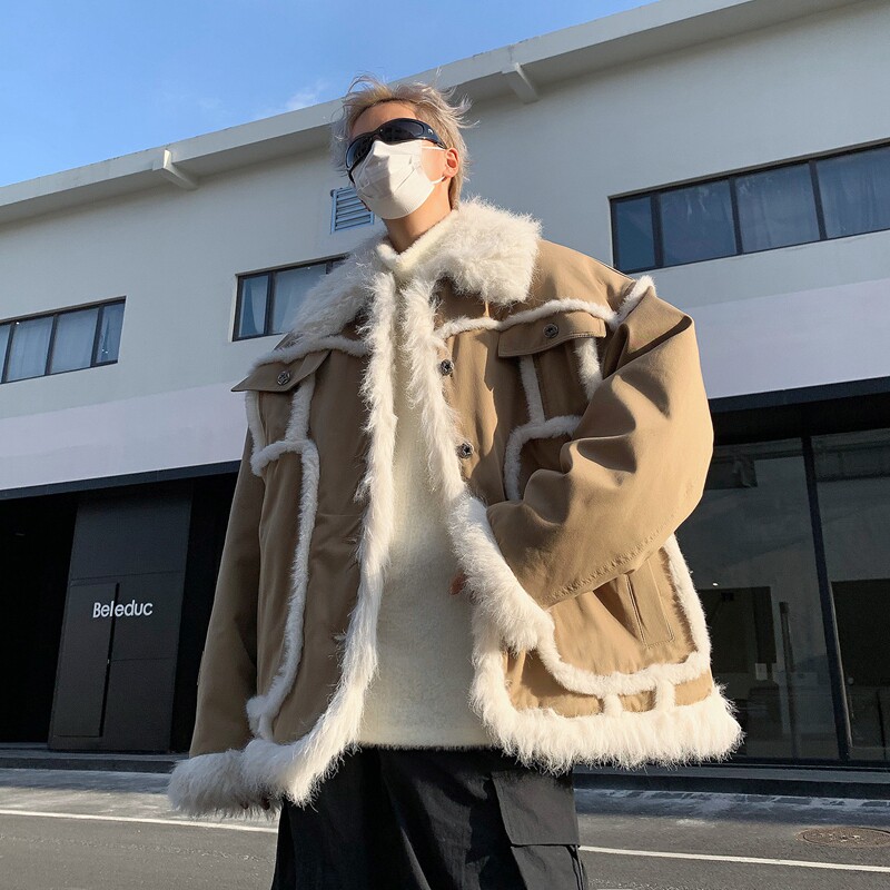 秋冬男士毛绒翻边撞色美拉德加棉加厚保暖棉服外套MJ980-P175现货,男装棉衣,电商B288