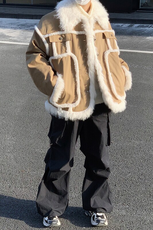 秋冬男士毛绒翻边撞色美拉德加棉加厚保暖棉服外套MJ980-P175现货,男装棉衣,电商B288