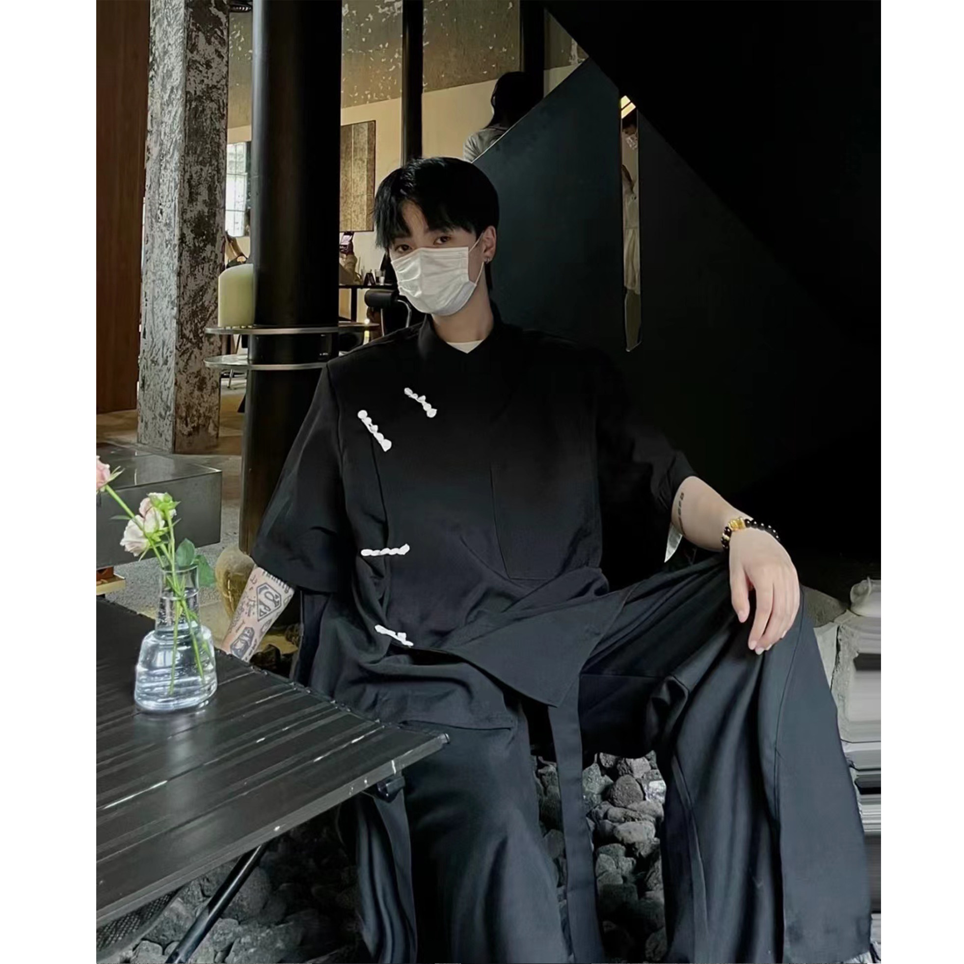 现货！25冰丝新中式垫肩盘扣短袖民风丝滑凉感半袖T恤DX32-P65,男装T恤,电商B288