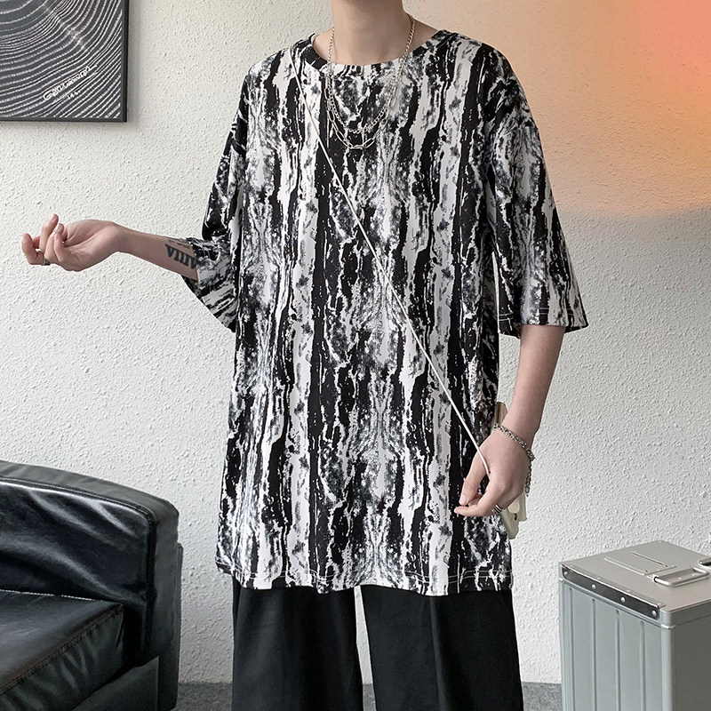 冰丝扎染印花T恤男短袖大码薄款宽松港风五分袖潮tx11-p30，男装T恤，电商B288